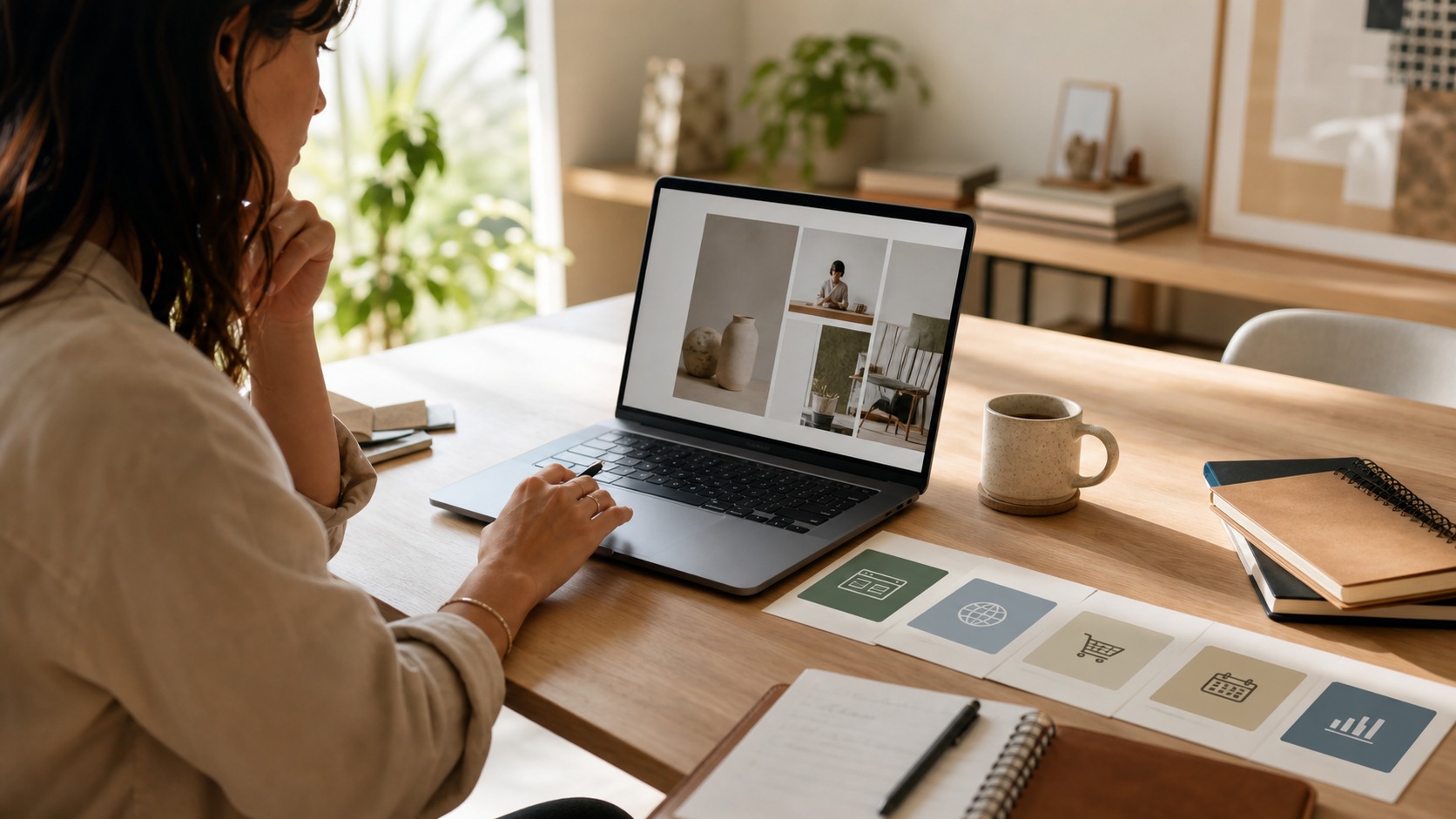 Small business owner comparing Squarespace website, domain, commerce, and scheduling decisions